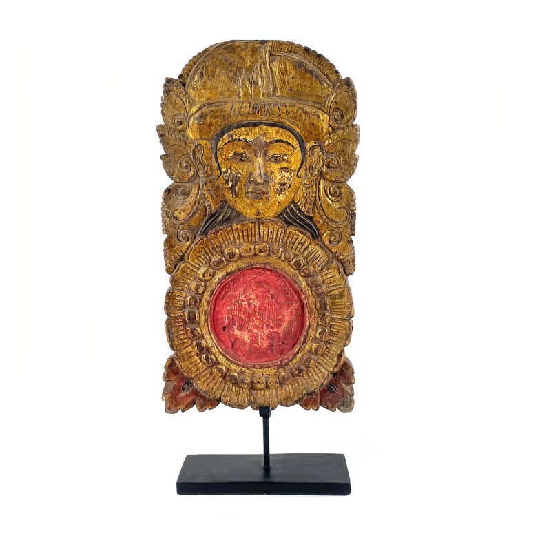 Panneau ancien en bois sculpté et peint, décoration de maison balinaise