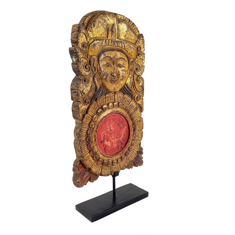 Panneau ancien en bois sculpté et peint, décoration de maison balinaise