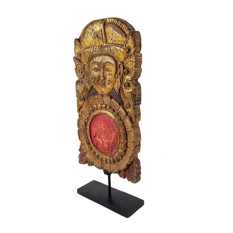 Panneau ancien en bois sculpté et peint, décoration de maison balinaise