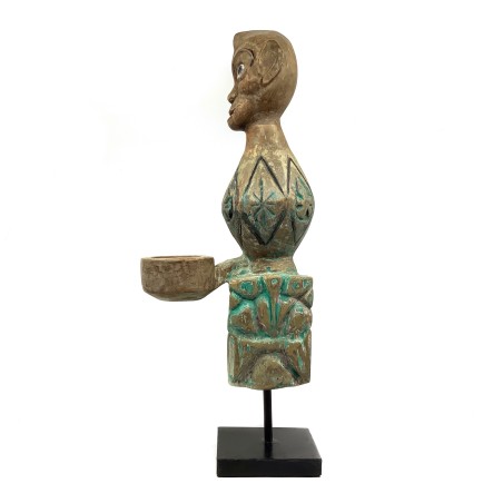 Statue ancienne javanaise en bois, zoomorphe avec bol à offrandes