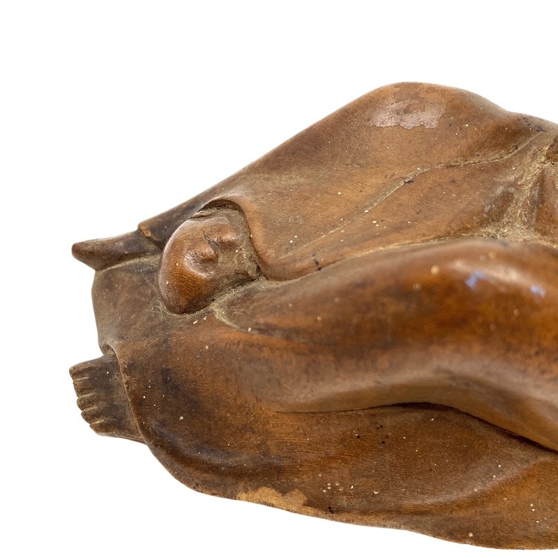 Statue ancienne  balinaise en bois tendre scène familiale de maternité