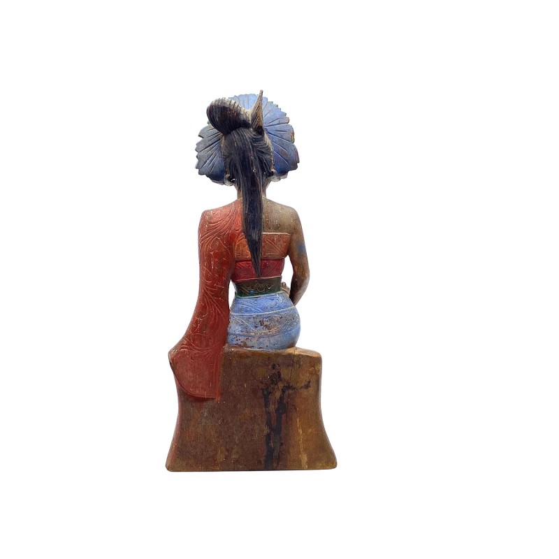 Statue ancienne femme balinaise en costume de cérémonie bois peintures polychrome