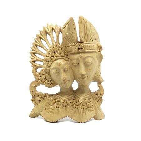 Statue buste contemporain couple  balinais habits cérémonie bois tendre