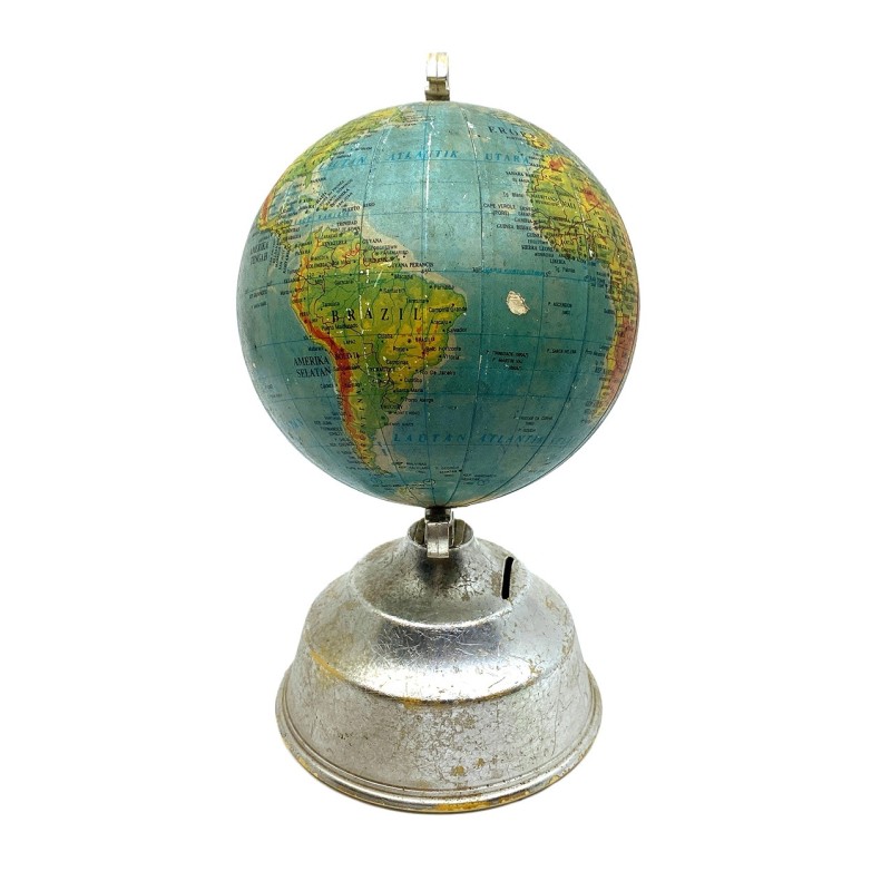 Globe terrestre tirelire en plastique vintage Made in Indonésia