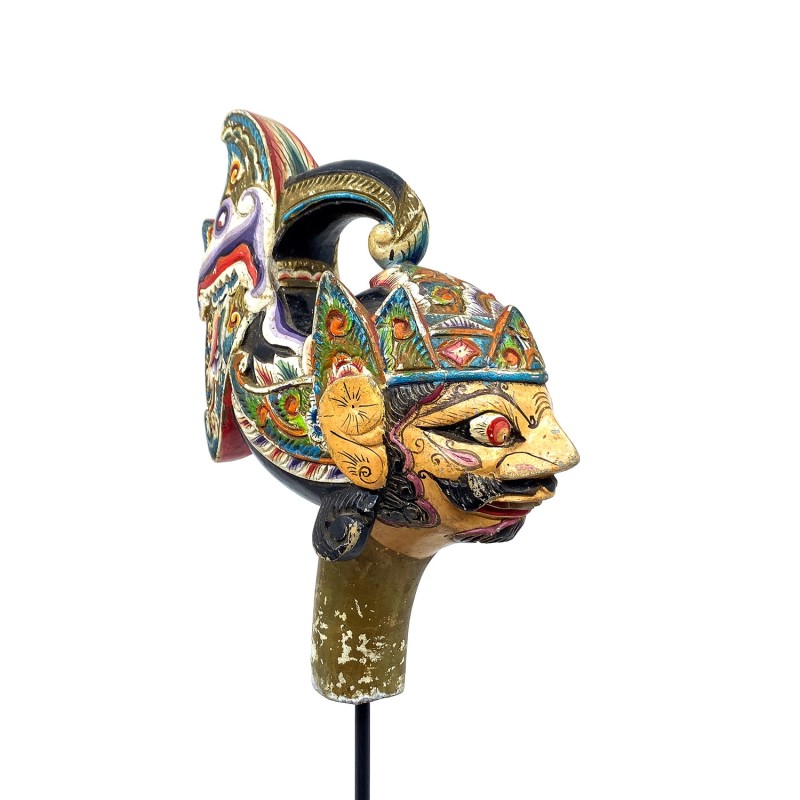 Tête de marionnette ancienne en bois peint Wayang Golek belle coiffe