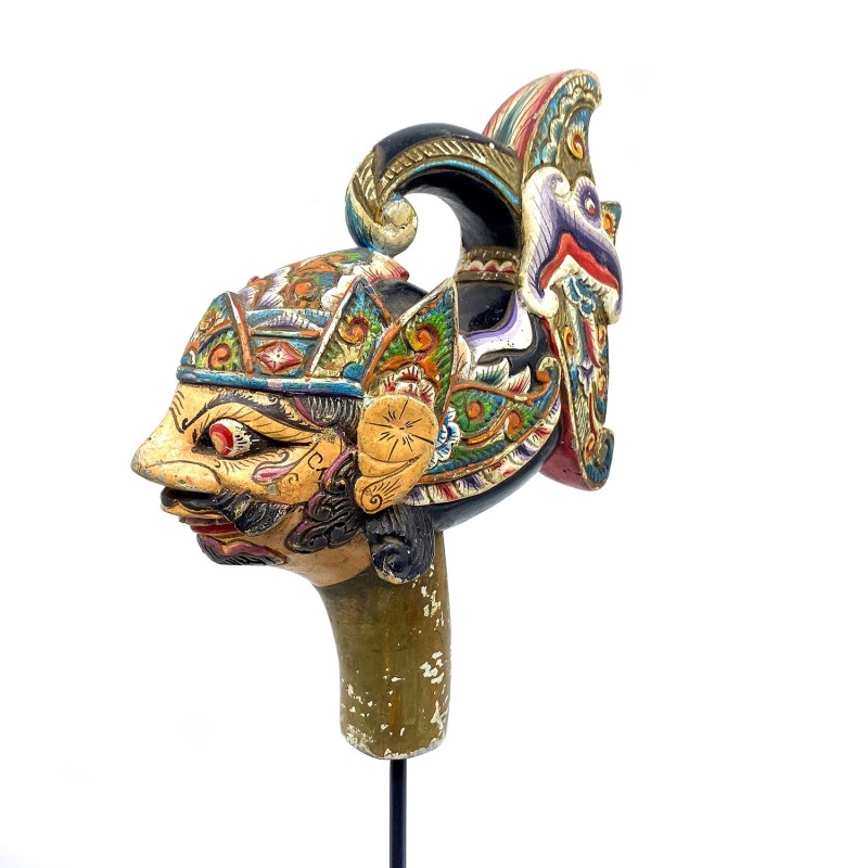 Tête de marionnette ancienne en bois peint Wayang Golek belle coiffe