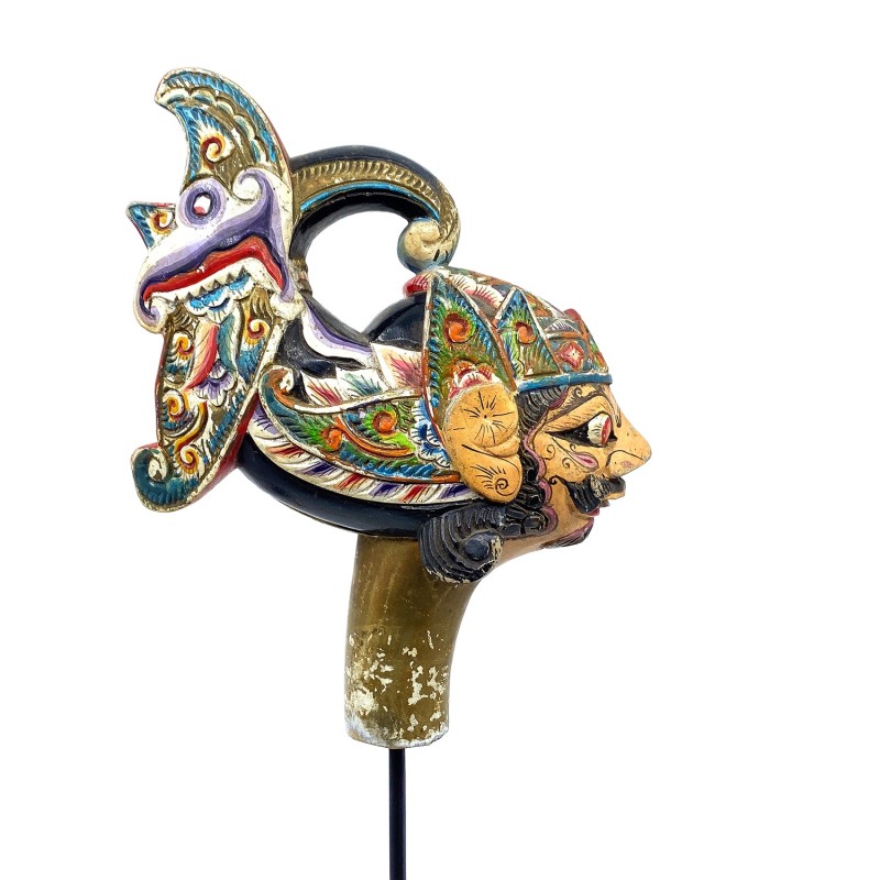 Tête de marionnette ancienne en bois peint Wayang Golek belle coiffe