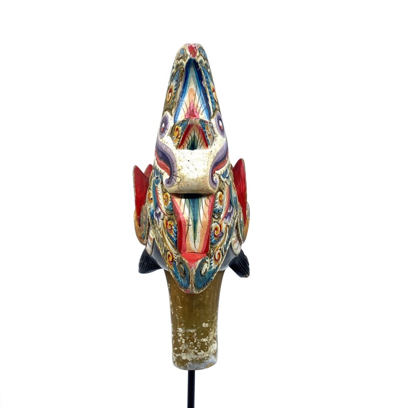 Tête de marionnette ancienne en bois peint Wayang Golek belle coiffe