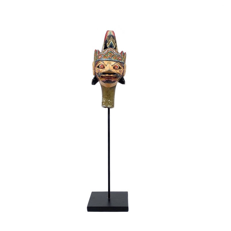 Tête de marionnette ancienne en bois peint Wayang Golek belle coiffe