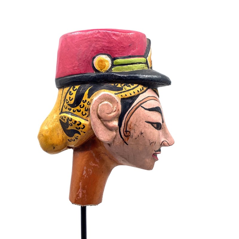 Tête de marionnette ancienne Wayang Golek personnage policier bois sculpté