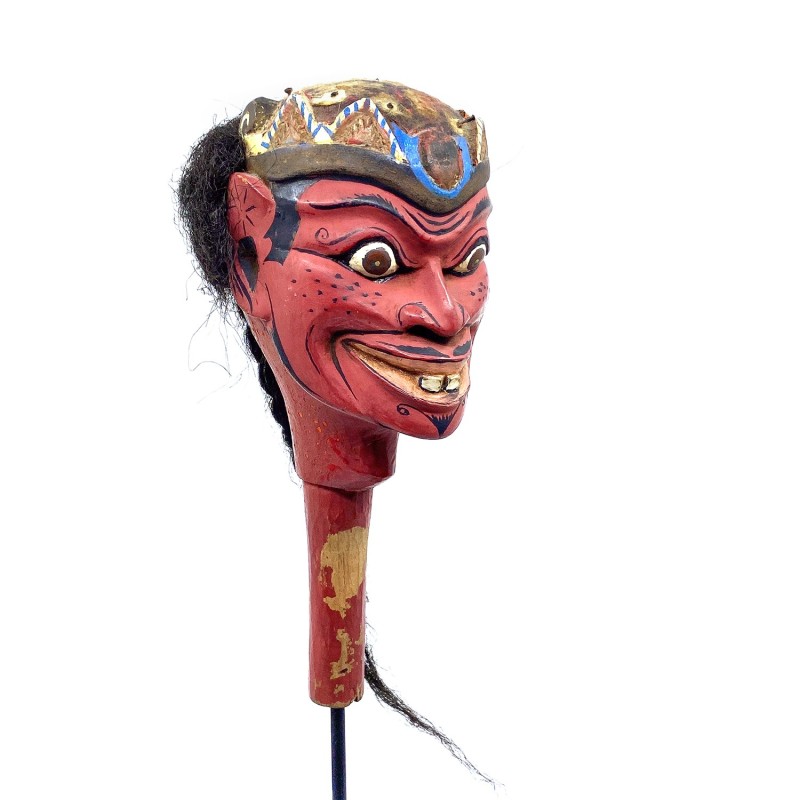 Tête de marionnette ancienne Wayang Golek personnage masculin à la tresse