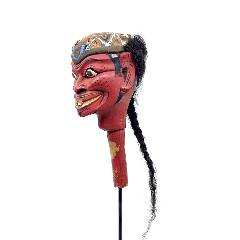 Tête de marionnette ancienne Wayang Golek personnage masculin à la tresse