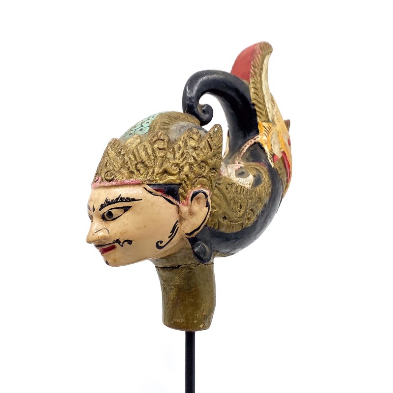 Tête de marionnette ancienne Wayang Golek personnage immense coiffe à l'arrière