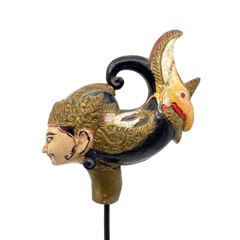 Tête de marionnette ancienne Wayang Golek personnage immense coiffe à l'arrière