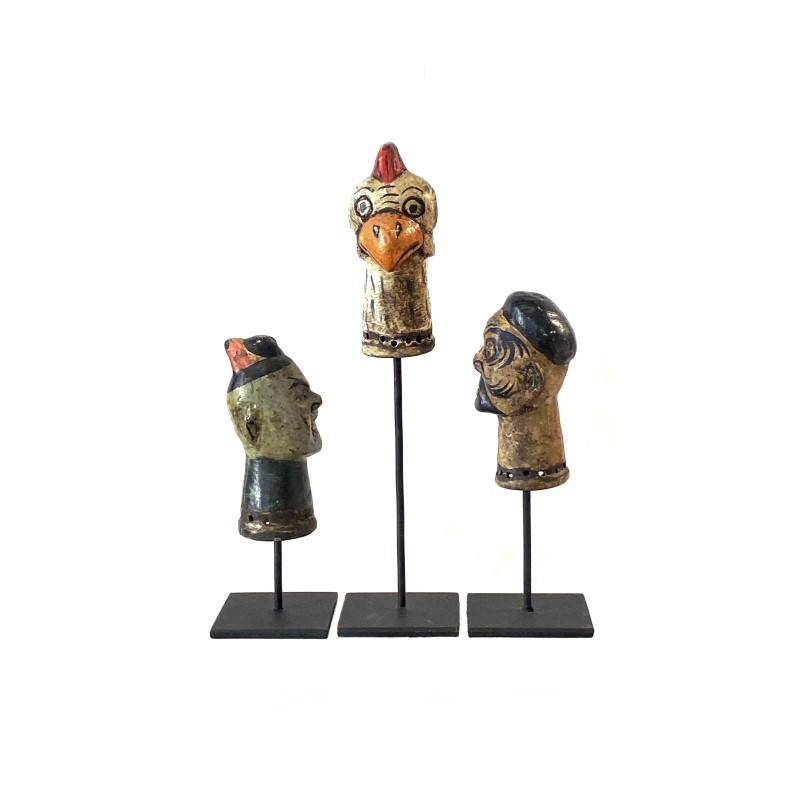 Trio de petites  têtes de marionnettes chinoises anciennes Indo-chinoise nommées Potei
