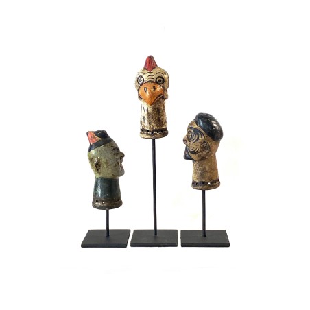 Trio de petites  têtes de marionnettes chinoises anciennes Indo-chinoise nommées Potei