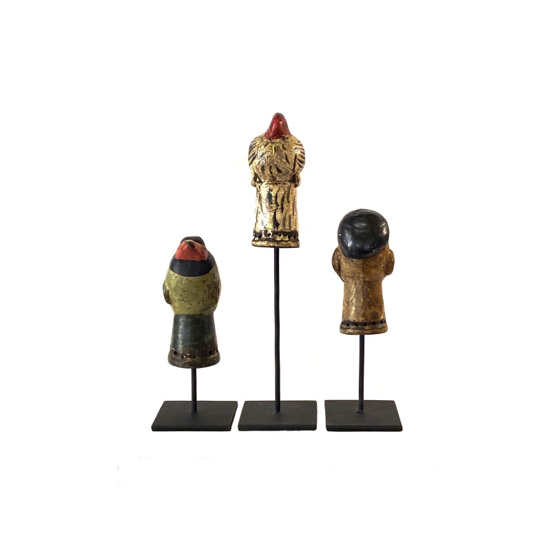 Trio de petites  têtes de marionnettes chinoises anciennes Indo-chinoise nommées Potei