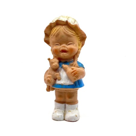 Poupée  poeut-pouet vintage fillette et son animal caoutchouc