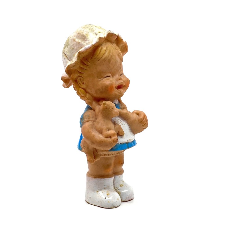 Poupée  poeut-pouet vintage fillette et son animal caoutchouc