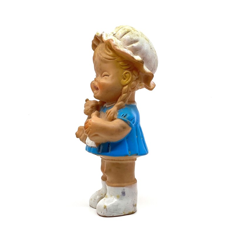 Poupée  poeut-pouet vintage fillette et son animal caoutchouc