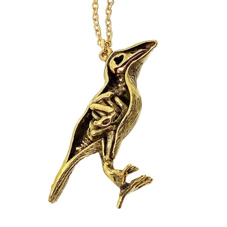 Pendentif corbeau bi-face  façon Mémento Mori en laiton doré