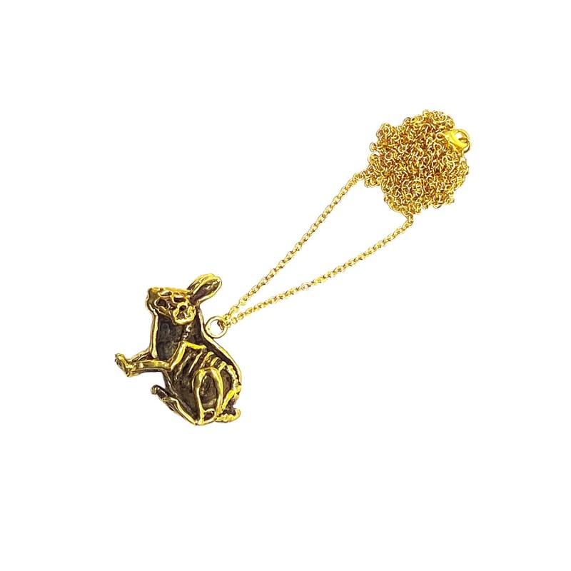 Pendentif lapin bi-face façon Mémento Mori en laiton doré