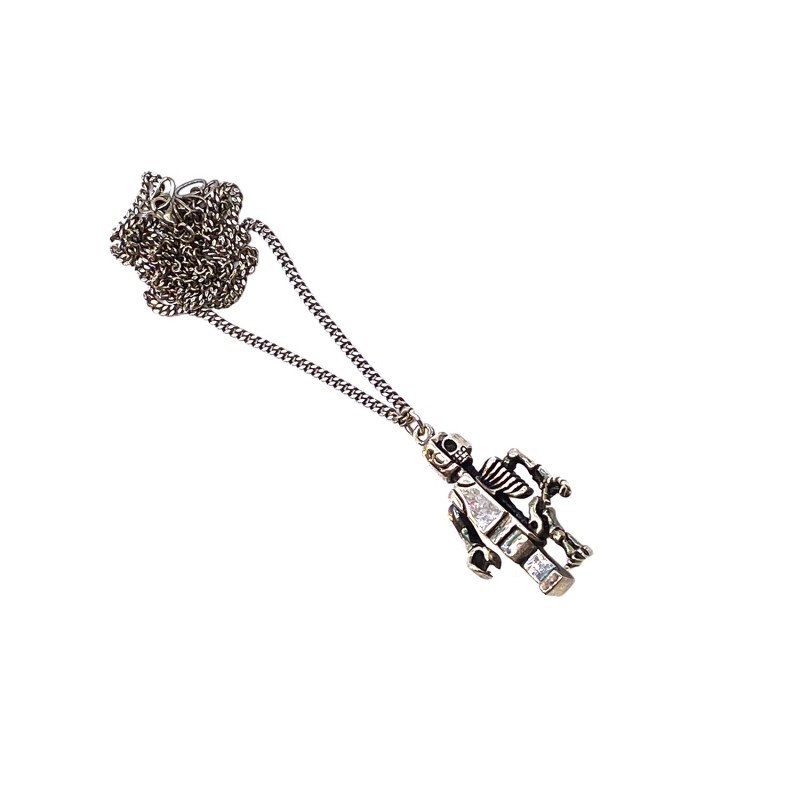 Pendentif mini robot bi-face façon Mémento Mori en laiton argenté