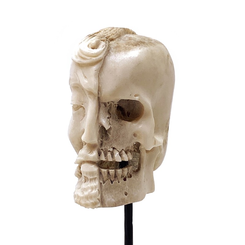 Crâne double sculpté corne chevreuil façon Mémento Mori