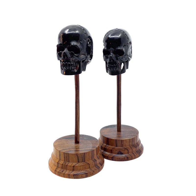 Crânes sculptés finement dans de la corne socle en bois tourné
