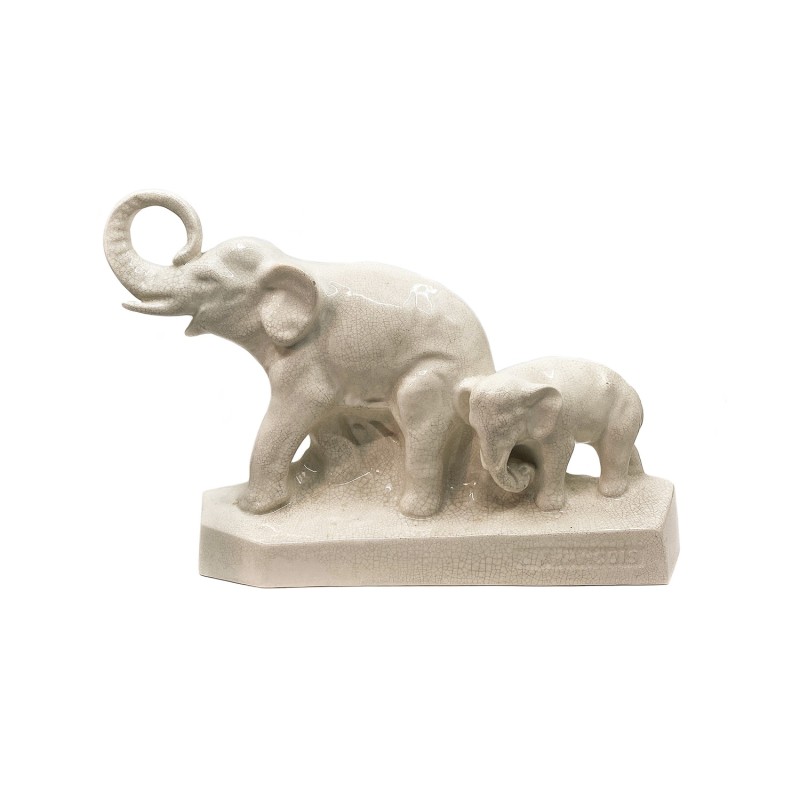 Eléphants en céramique craquelée  mère et son juvénile signé L.François grand modèle