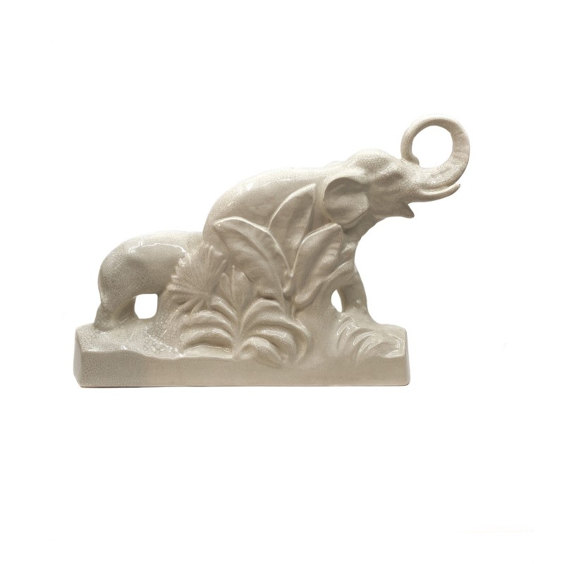 Eléphants en céramique craquelée  mère et son juvénile signé L.François grand modèle