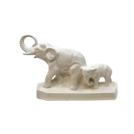 Eléphants en céramique craquelée  mère et son juvénile signé L.François