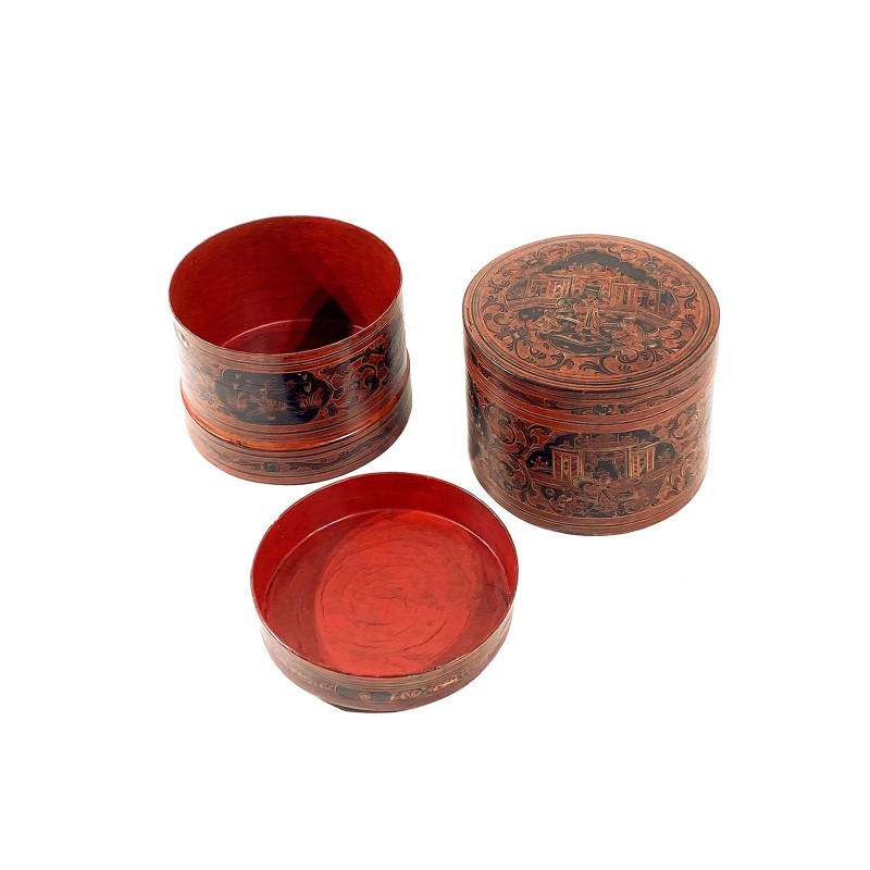 Boîte à bétel birmane ancienne aux scènes de vie finement dessinées bambous tressés et laque