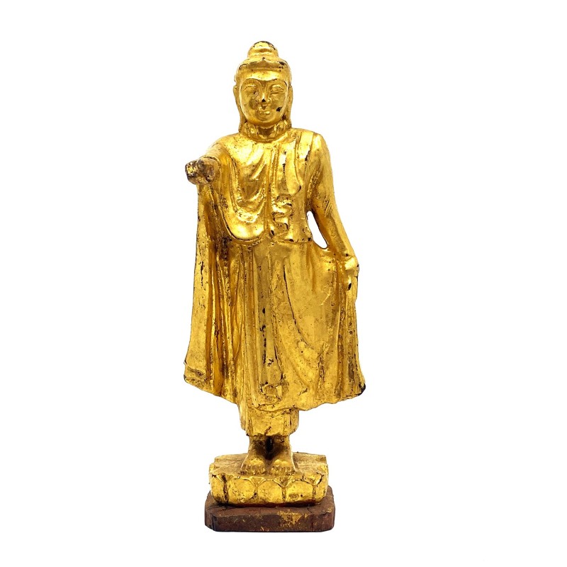 Bouddha birman ancien en bois laque dorée Mandalay