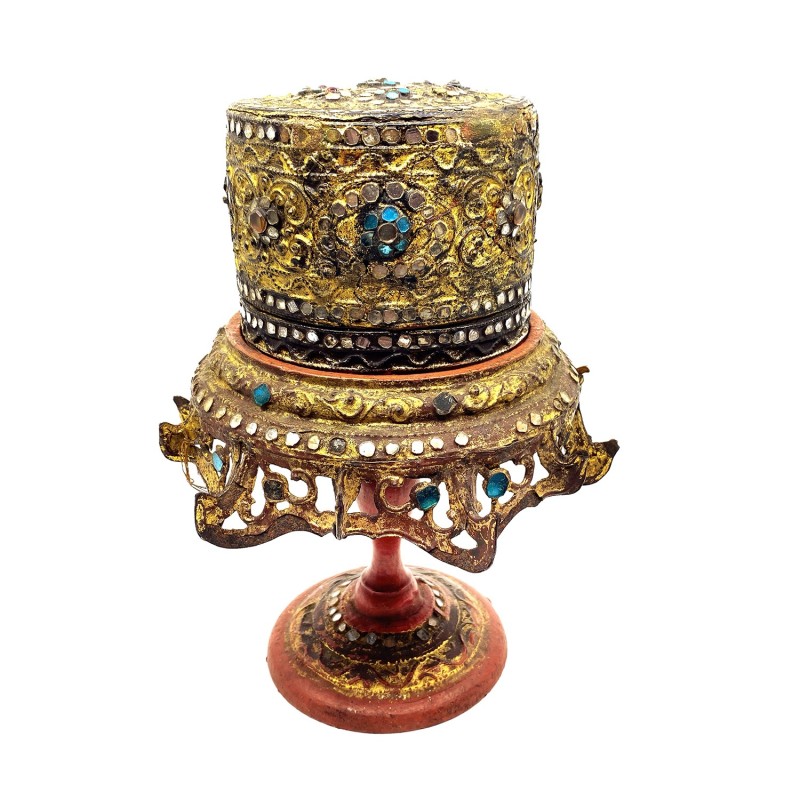 Offertoire birman ancien bois, métal, verroterie et laque