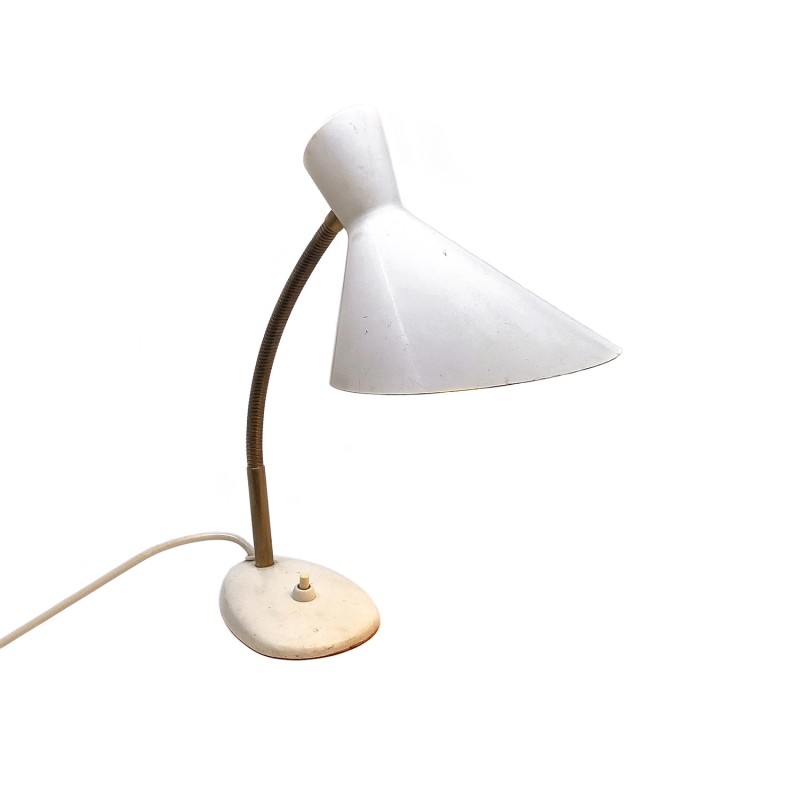 Lampe blanche crème vintage, tige flexible, traces d'usure, années 1950