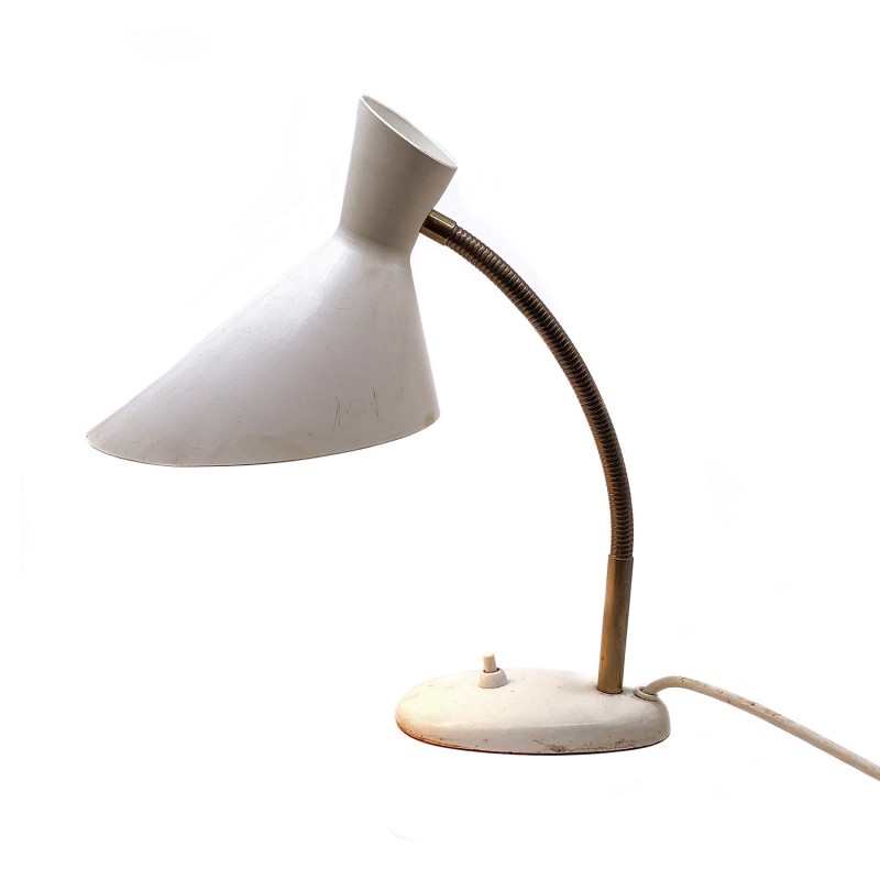 Lampe blanche crème vintage, tige flexible, traces d'usure, années 1950