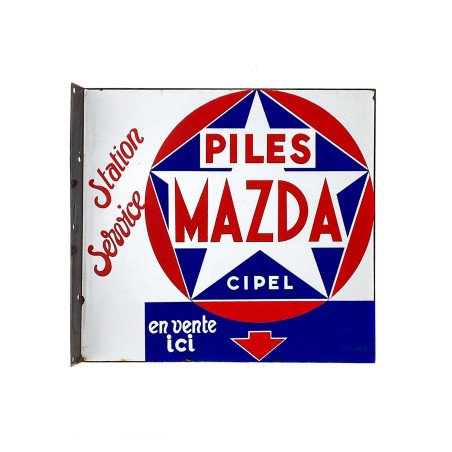 Plaque émaillée potence double-face publicité Piles Mazda, Vitracier Neuhaus