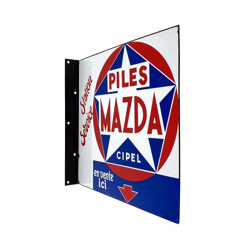 Plaque émaillée potence double-face publicité Piles Mazda, Vitracier Neuhaus