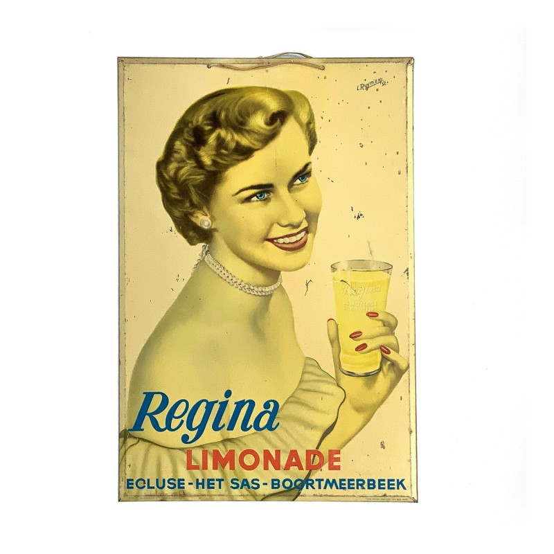 Tôle publicitaire vintage, métal imprimé, limonade REGINA, Est. Schuybroeck, Anvers
