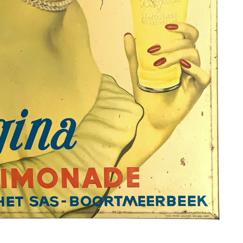 Tôle publicitaire vintage, métal imprimé, limonade REGINA, Est. Schuybroeck, Anvers