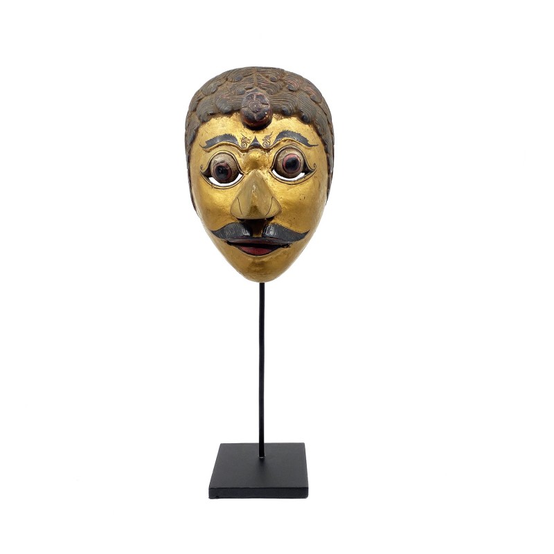 Masque javanais  Wayang Topeng  ancien personnage à la moustache  en bois sculpté peint