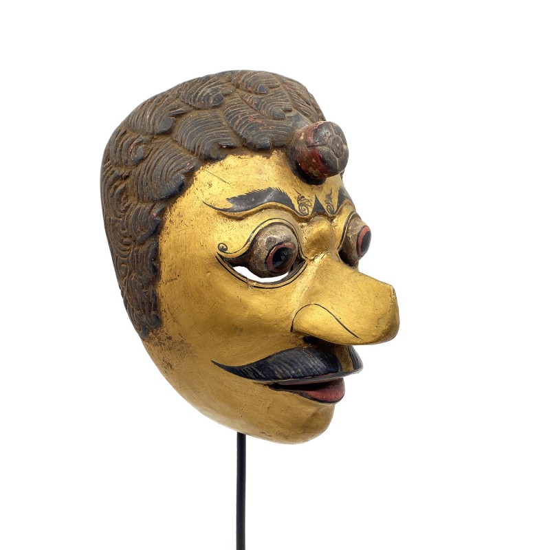 Masque javanais  Wayang Topeng  ancien personnage à la moustache  en bois sculpté peint