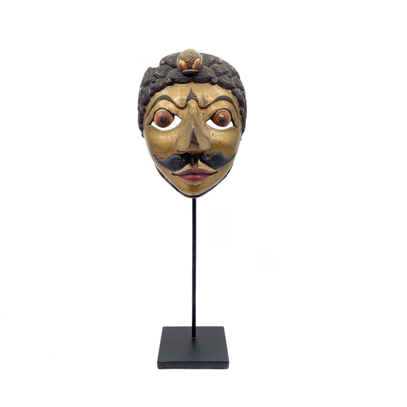 Masque javanais  Wayang Topeng  ancien personnage à la moustache, belle coiffe  en bois sculpté peint