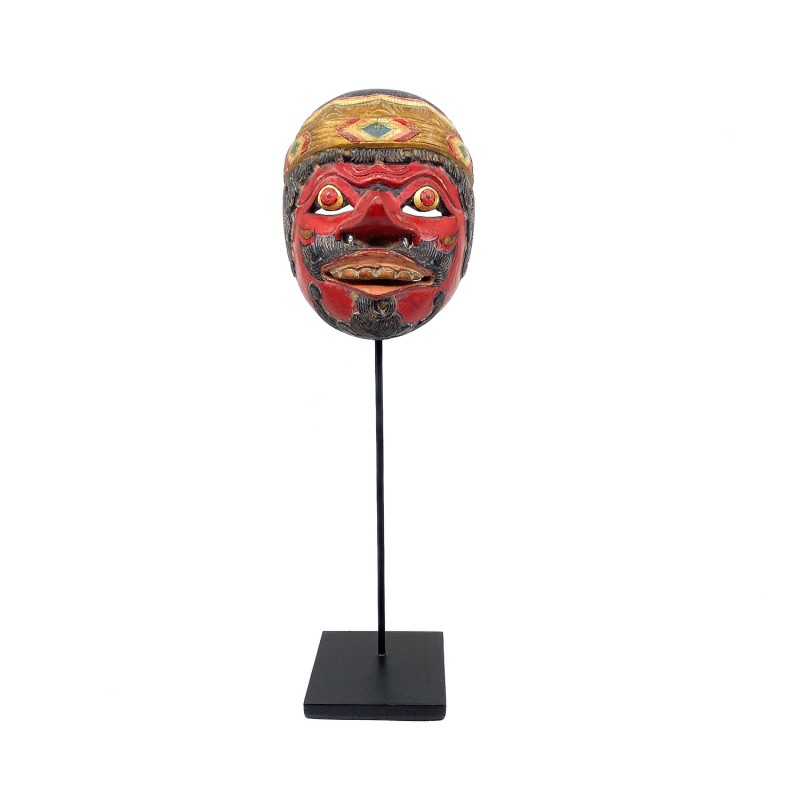 Masque javanais  Wayang Topeng  ancien, personnage rouge à la moustache, en bois sculpté peint