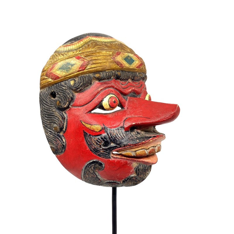 Masque javanais  Wayang Topeng  ancien, personnage rouge à la moustache, en bois sculpté peint