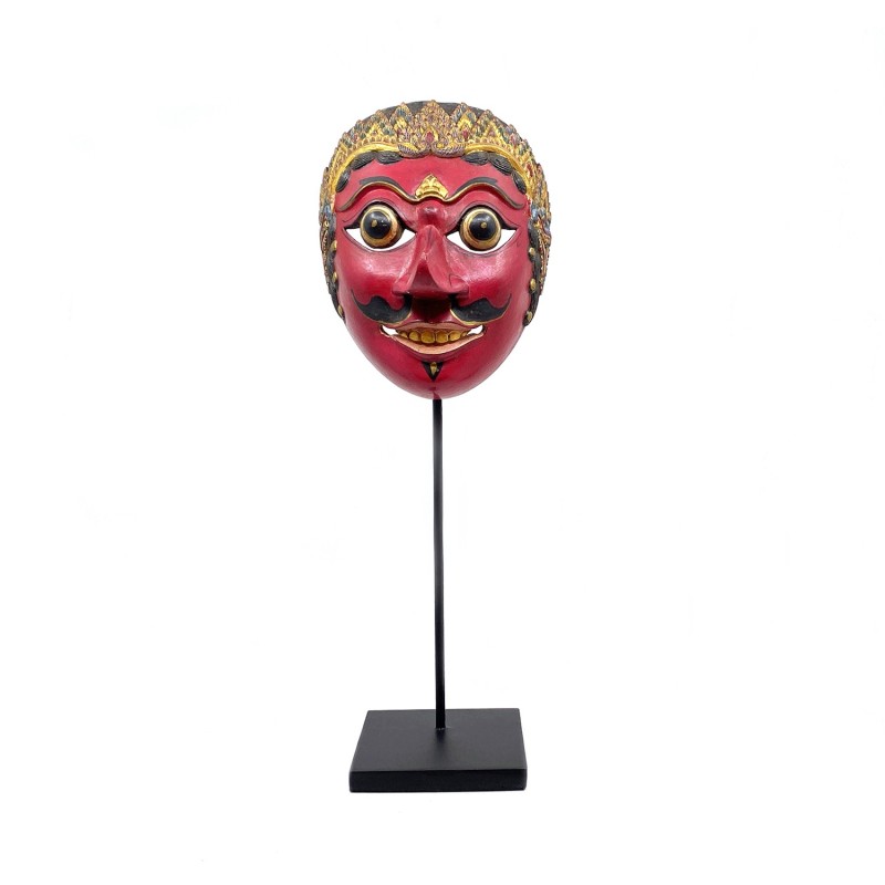 Masque javanais  Wayang Topeng  ancien, personnage rouge à la belle coiffe, en bois sculpté peint