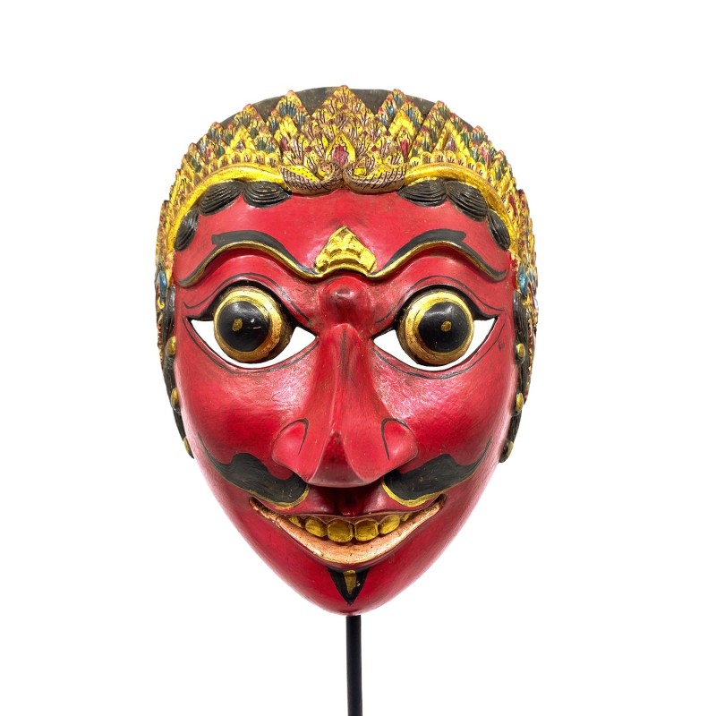 Masque javanais  Wayang Topeng  ancien, personnage rouge à la belle coiffe, en bois sculpté peint