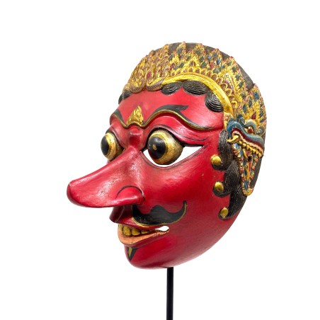 Masque javanais  Wayang Topeng  ancien, personnage rouge à la belle coiffe, en bois sculpté peint