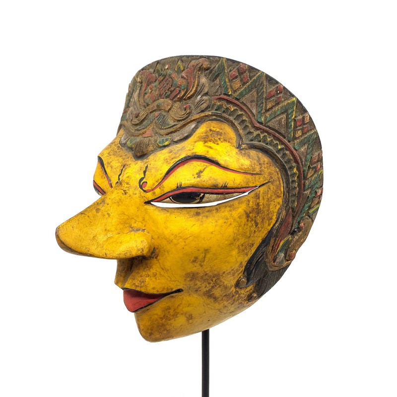 Masque javanais  Wayang Topeng  ancien, personnage jaune, en bois sculpté peint